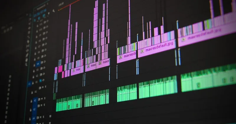 Écran montrant des pistes audio colorées dans un logiciel de montage